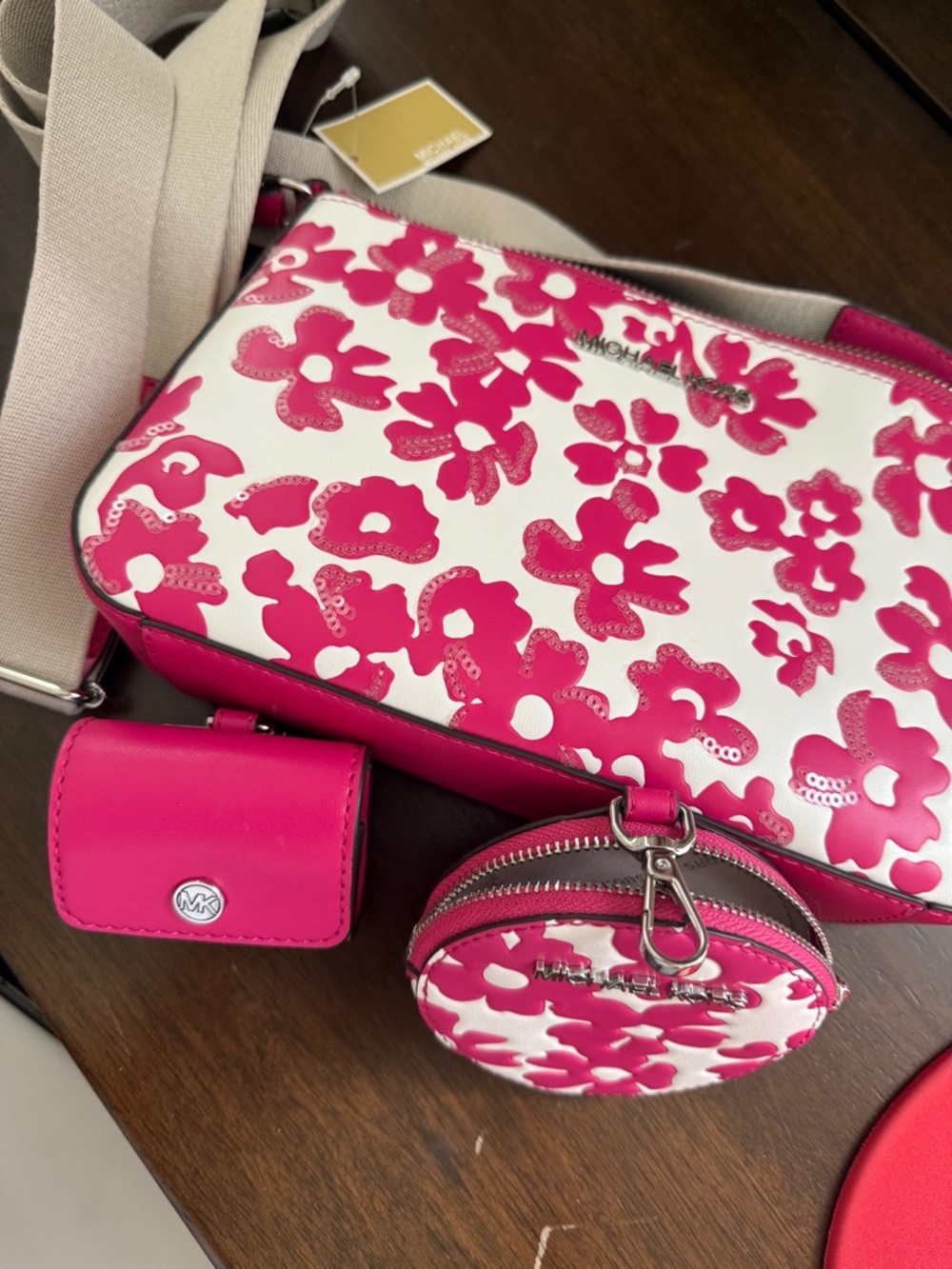 Michael Kors Hot Pink and White Floral Crossbody with Coin Pouch